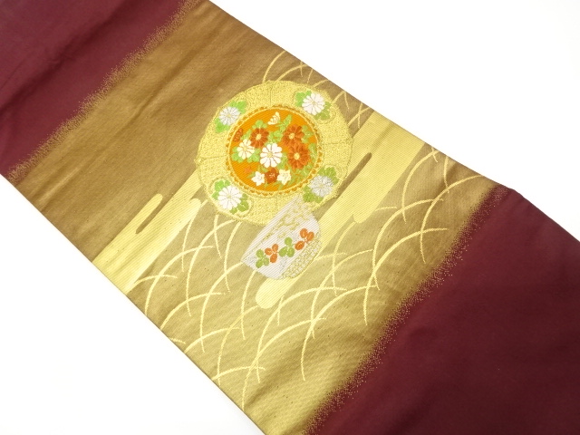 絵皿に草花模様織り出し名古屋帯